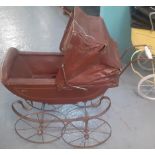 Late Victorian/Edwardian doll's pram with folding canvas canopy, ceramic handle and sprung frame