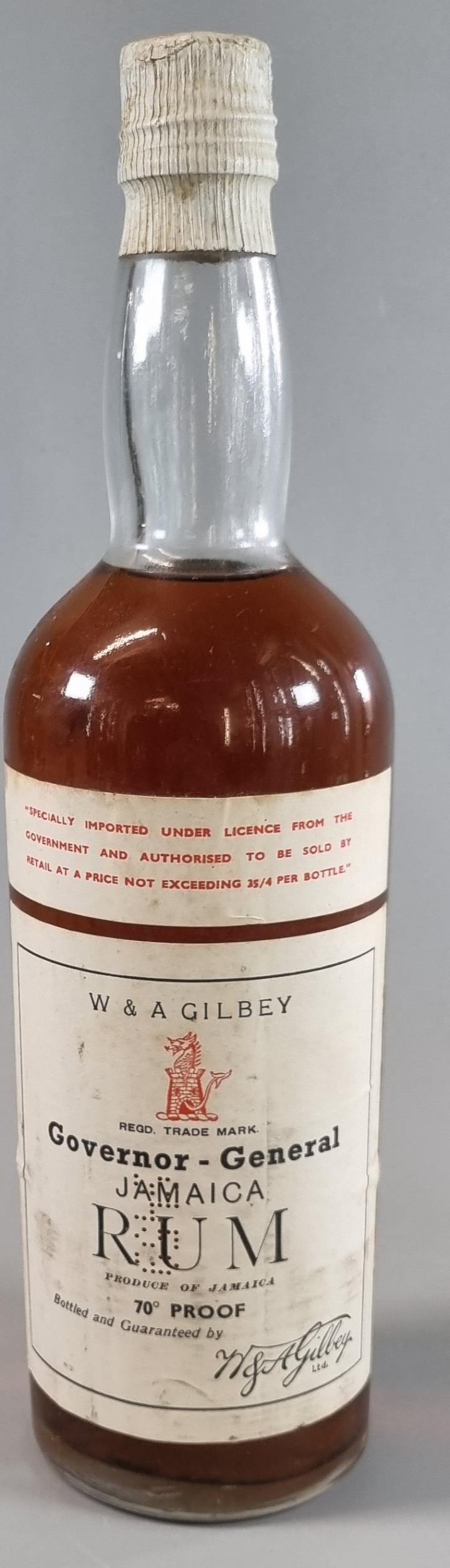Bottle of vintage W & A Gilbey's, Governor General Jamaica Rum. 70% proof. (B.P. 21% + VAT)