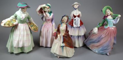 Five Royal Doulton bone china figurines to include: 'Eliza', 'Miss Demure', 'Autumn Breezes', 'Daffy