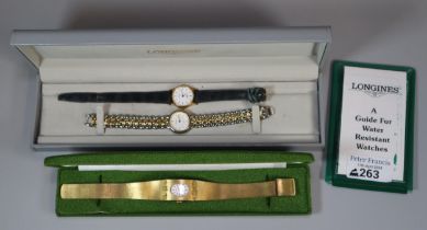 Longines ladies' 9ct gold wristwatch on leather strap, in Longines case, together with an Accurist