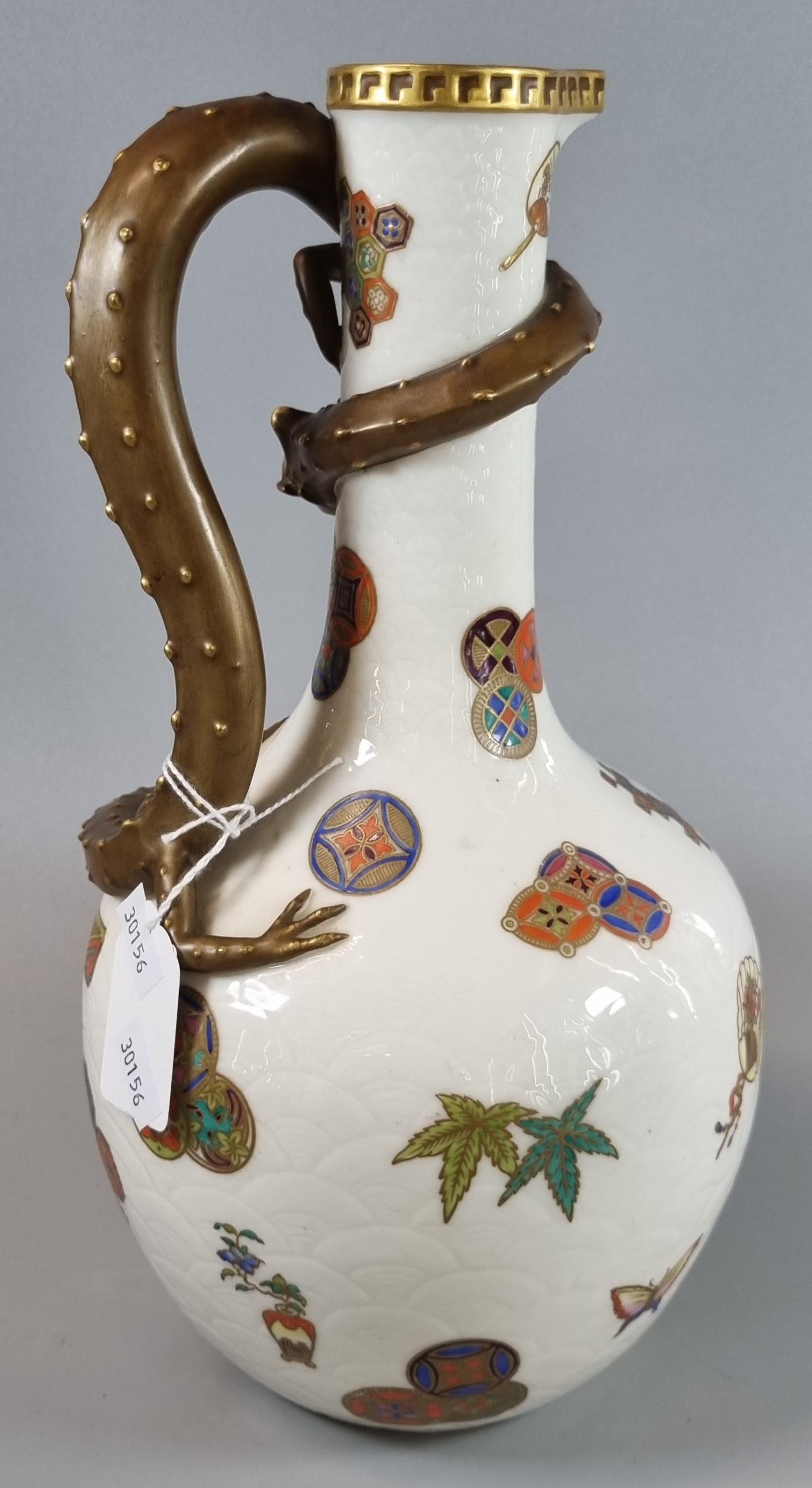 Late 19th century Royal Worcester porcelain dragon Japonesque ewer. 29cm high approx. Puce printed - Image 2 of 3