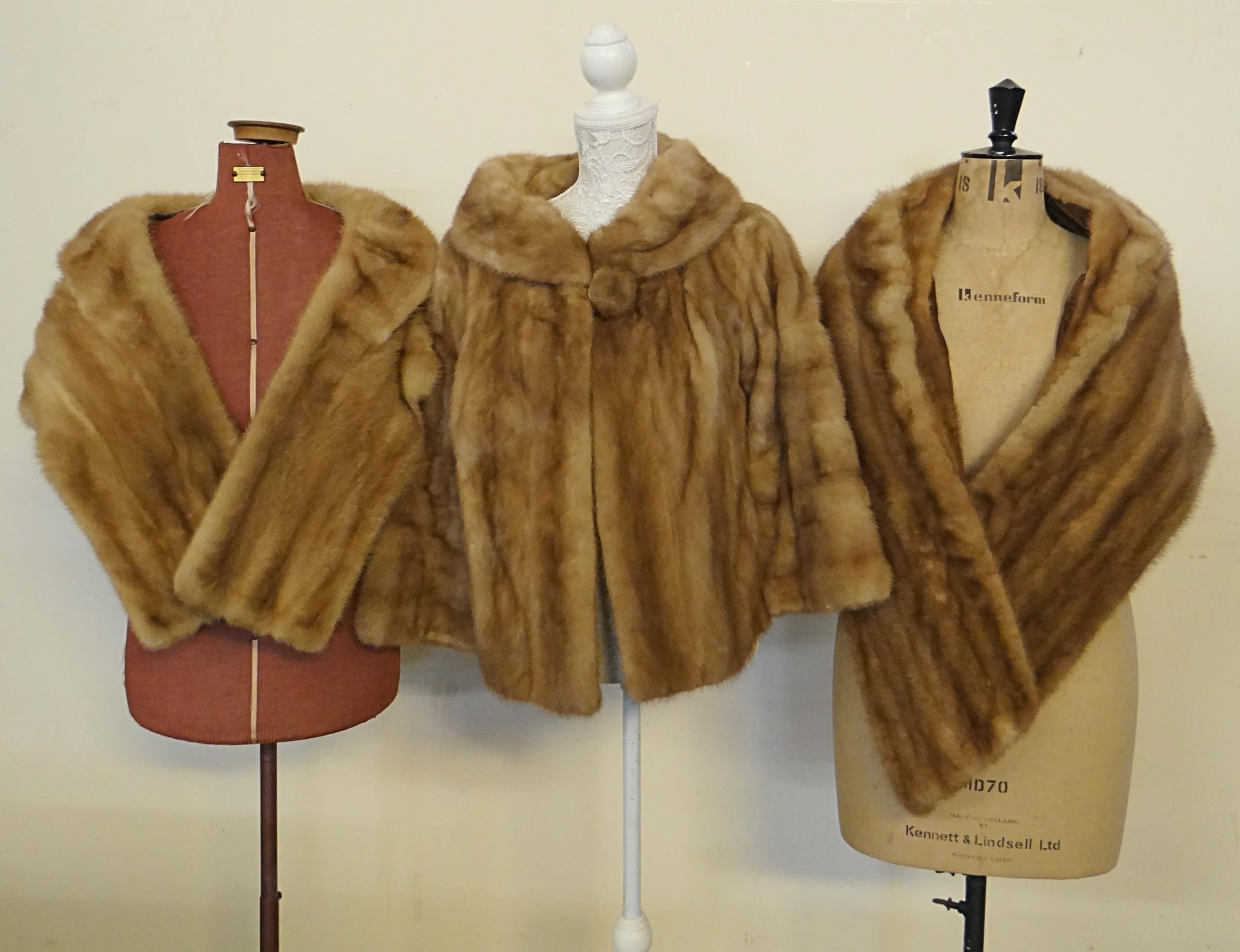 Three vintage pastel palomino colour mink fur items to include: two stoles and a short jacket by R