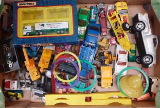 Two trays of mainly play worn diecast and other model vehicles to include: Dinky Toys tanks and