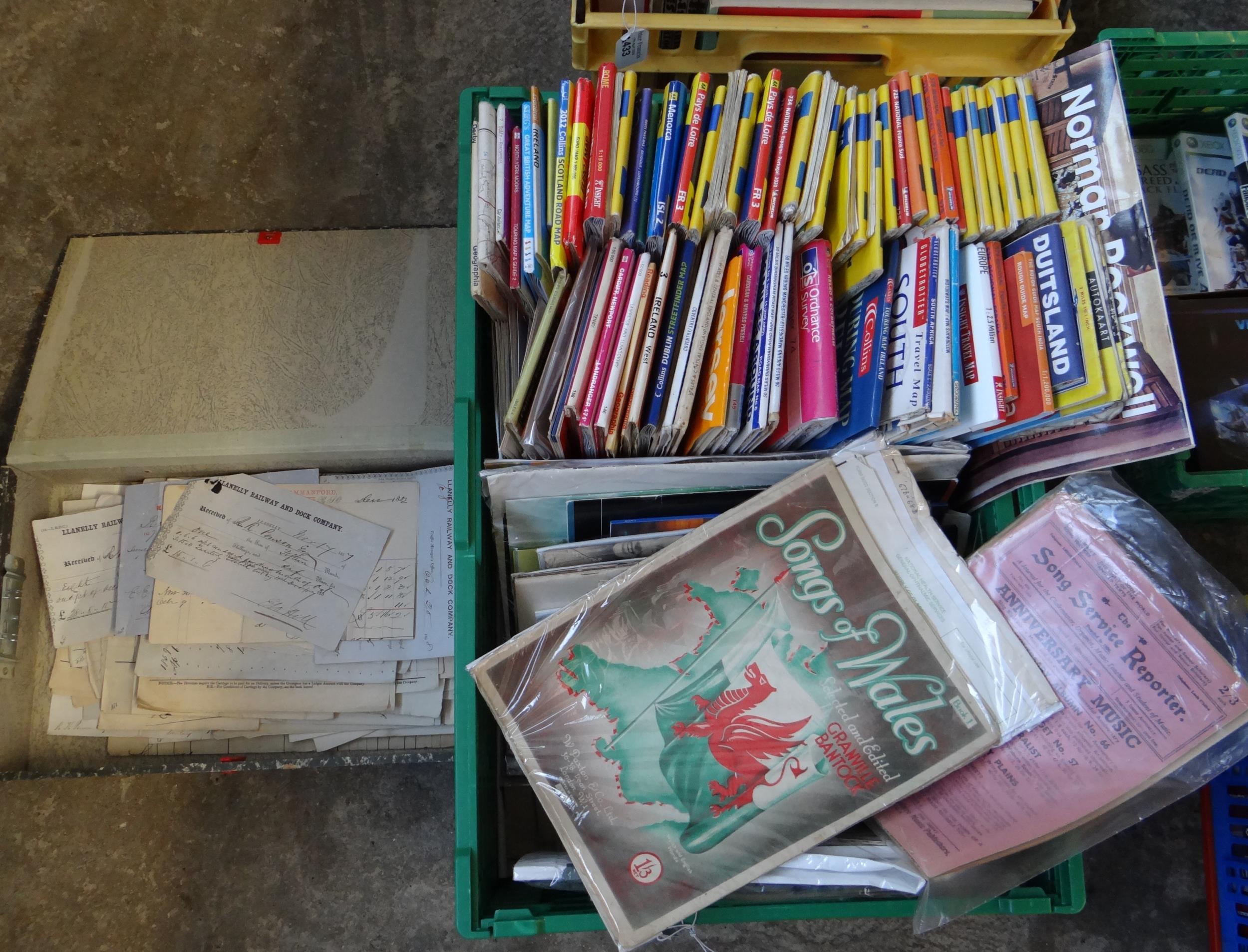 Box of maps and ephemera to include: Michelin maps of France, Ordnance Survey maps of Wales and