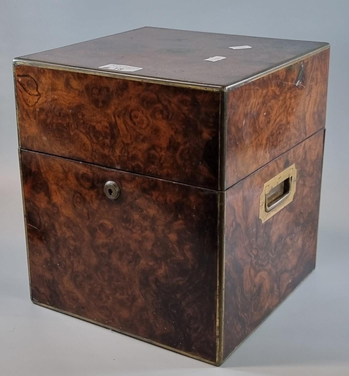 19th century Burr Maple decanter box, of square form with brass inlay and brass recessed handles, - Image 4 of 12
