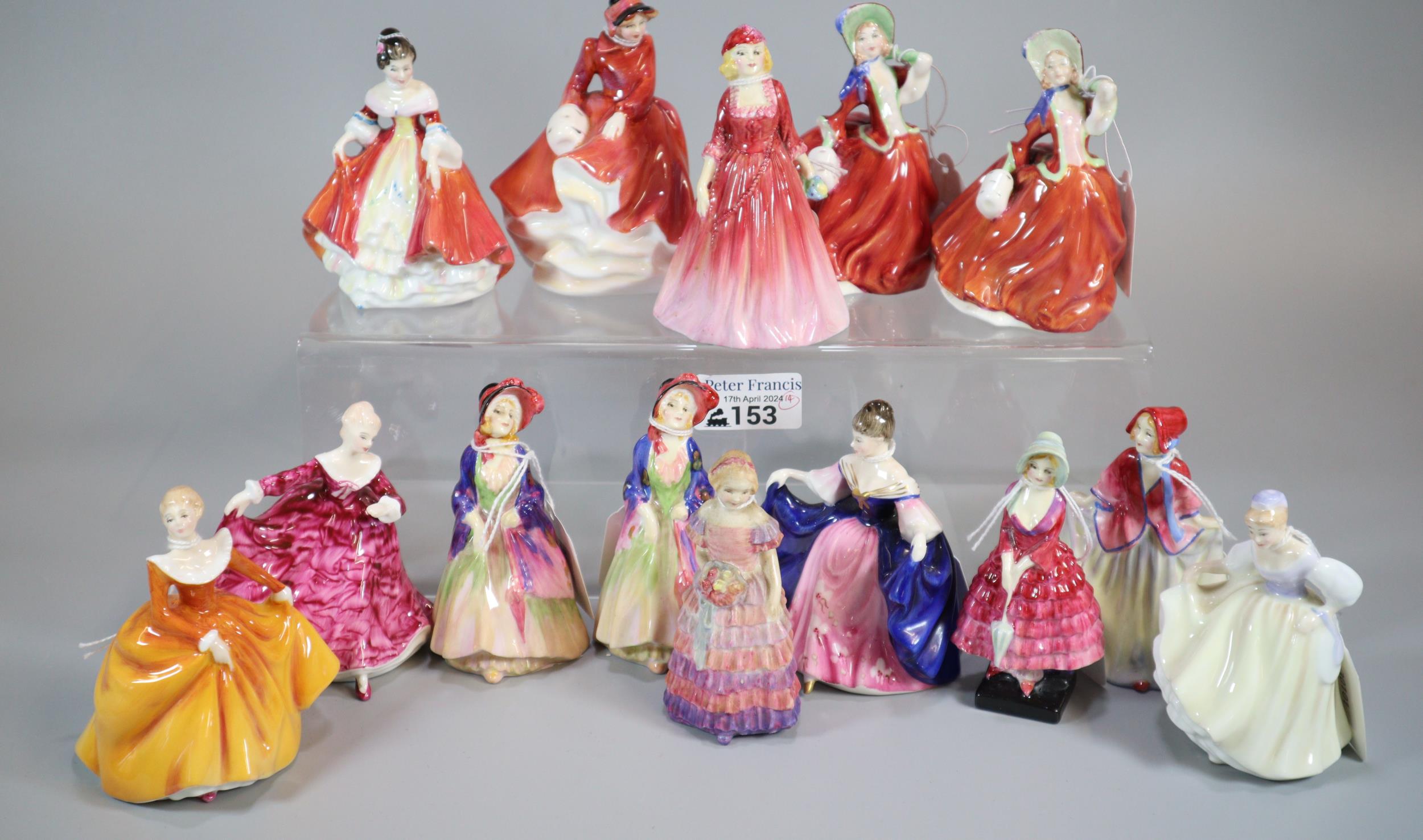 Tray of fourteen Royal Doulton miniature figurines to include; 'The Paisley Shawl' M4 x 2, '