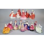 Tray of fourteen Royal Doulton miniature figurines to include; 'The Paisley Shawl' M4 x 2, '