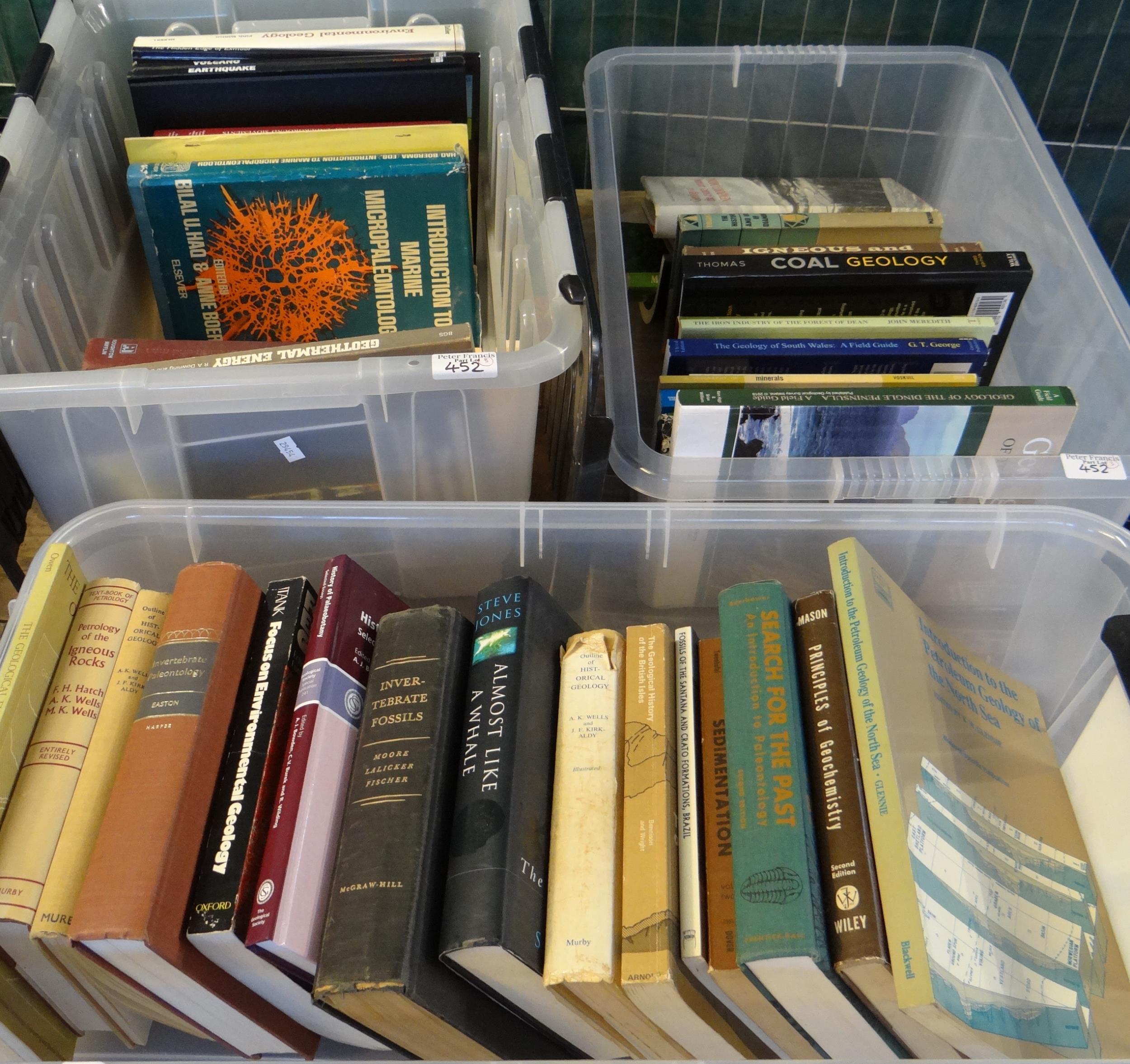 Three crates of books on Geology and Paleontology to include: 'The Petrology of the Igneous Rocks'