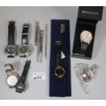 Assorted gentleman's watches including: Lorus, Rip Curl etc. Flying Scotsman commemorative pocket