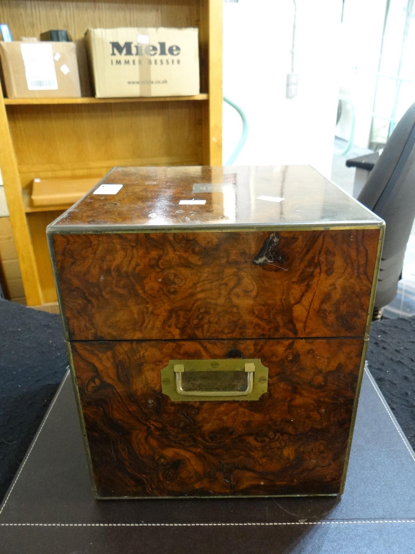 19th century Burr Maple decanter box, of square form with brass inlay and brass recessed handles, - Image 6 of 12