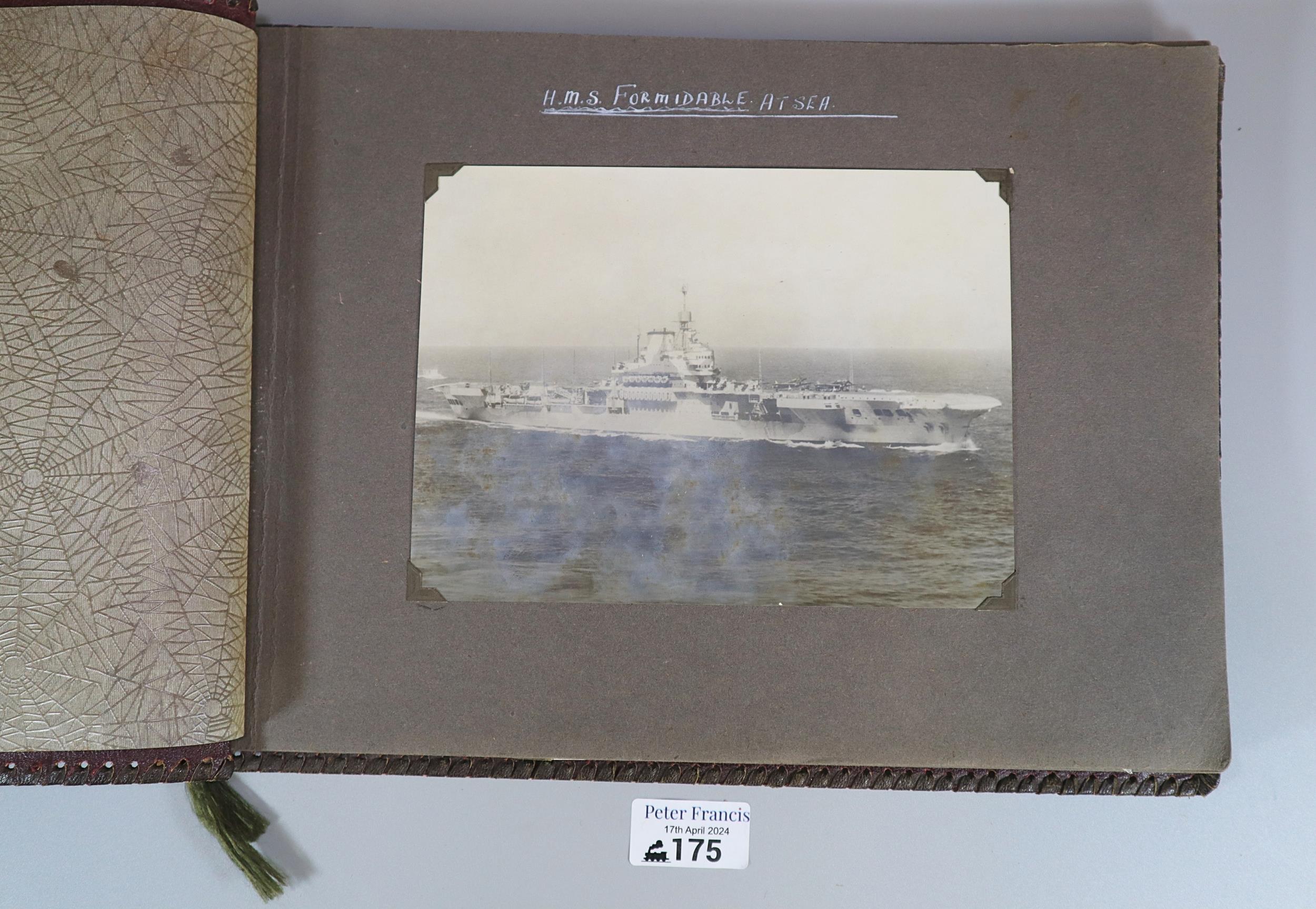 Interesting WWII photograph album, featuring images of the Aircraft Carrier HMS Formidable at sea,