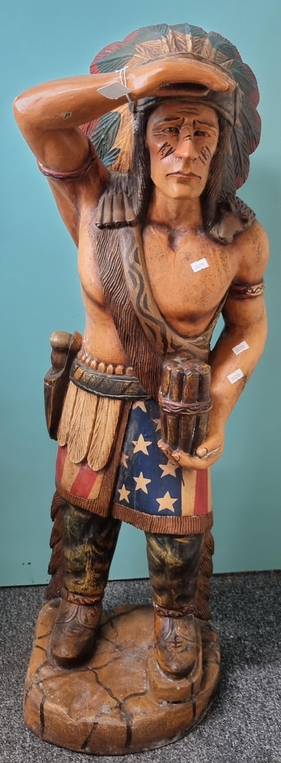 Large modern wooden sculpture of a Native American Indian. 98cm high approx. (B.P. 21% + VAT)