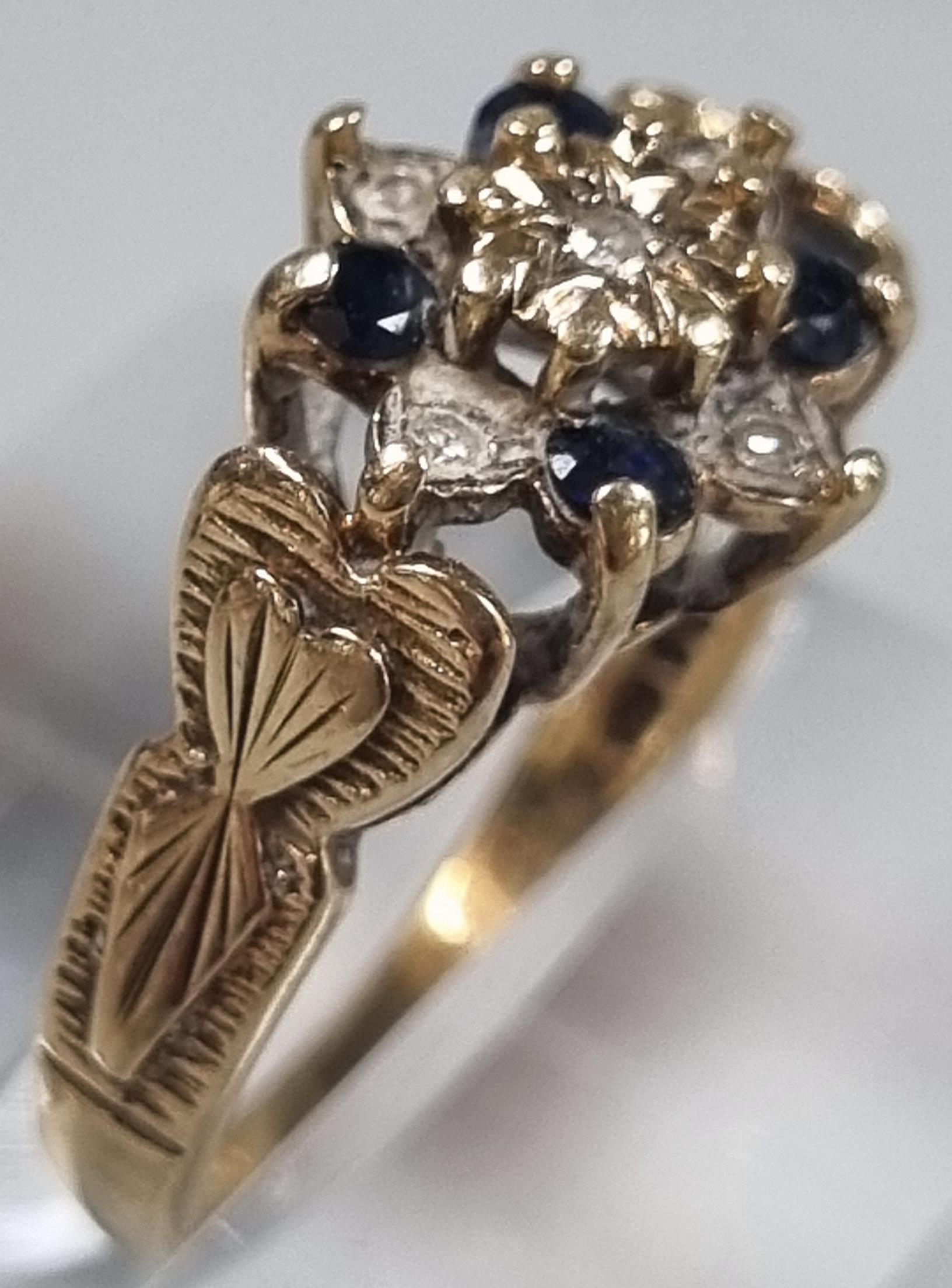 9ct gold diamond and sapphire multi-cluster ring. 3g approx. Size L1/2. (B.P. 21% + VAT) - Image 3 of 5