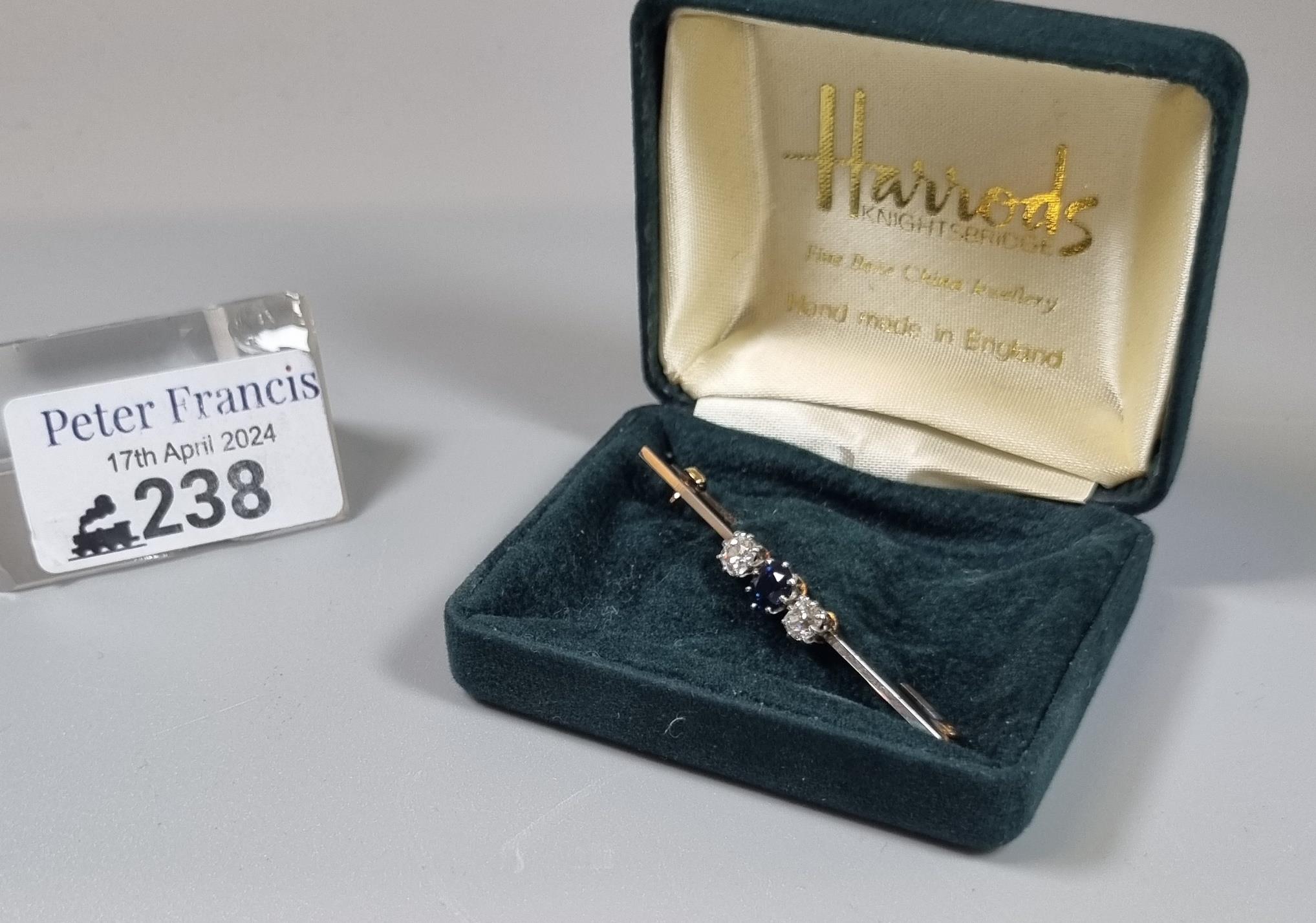 Gold three stone diamond and sapphire brooch in associate Harrods box. (B.P. 21% + VAT) - Image 4 of 4