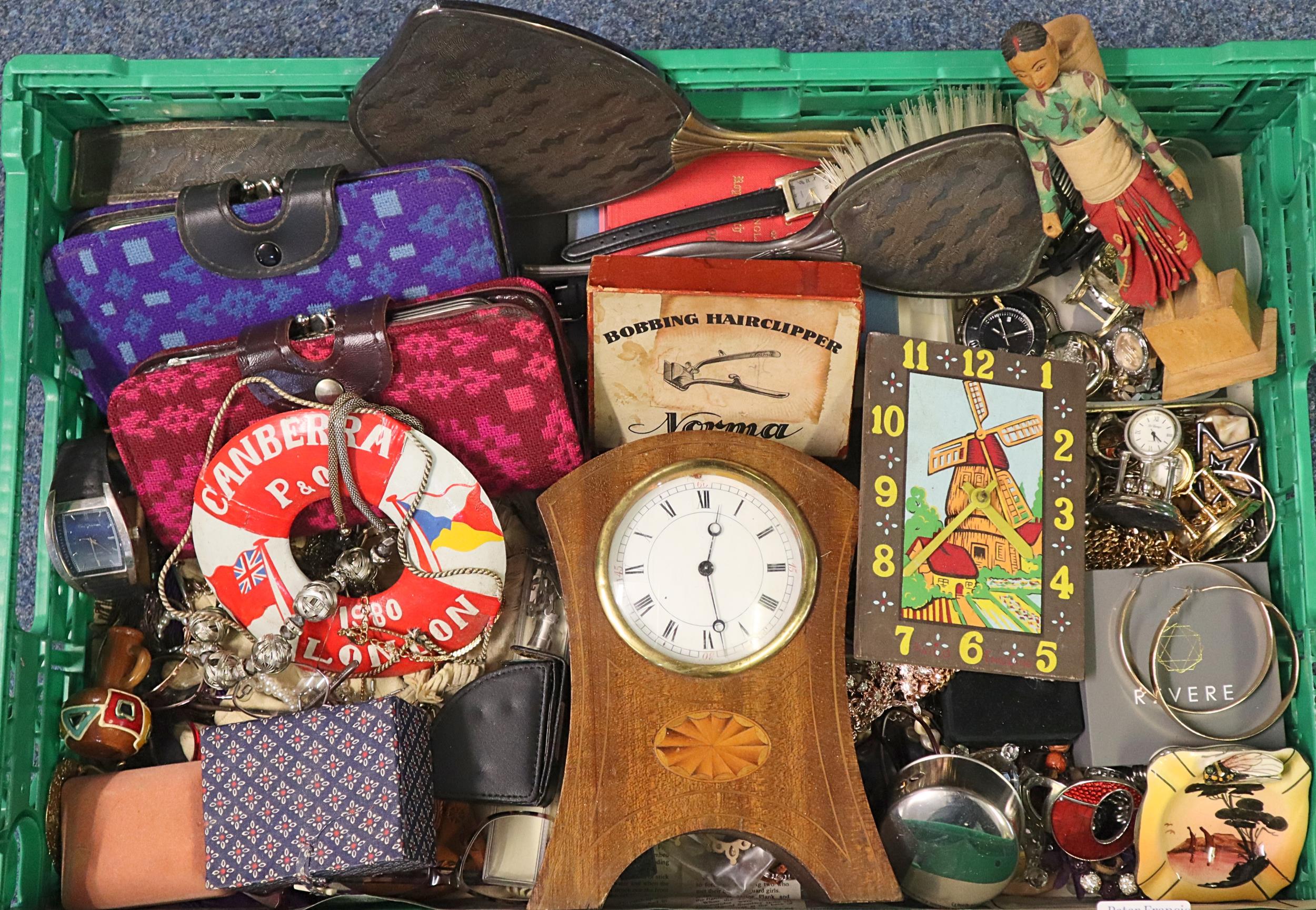 Collection of oddments to include: various jewellery, watches, clocks, Welsh tapestry purses,