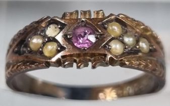 9ct gold pearl and pink stone dress ring. 2g approx. Ring size L. (B.P. 21% + VAT)