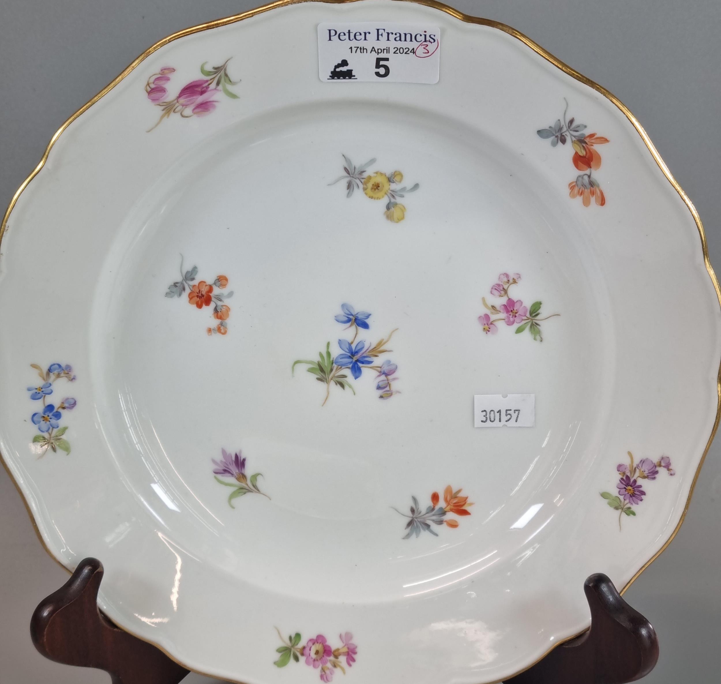 Pair of Meissen porcelain plates, with gilt rims and floral sprays together with a similar smaller - Image 3 of 3