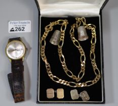 Accurist gentleman's gold plated wristwatch on leather strap, two silver thimbles, two gold plated