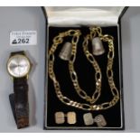 Accurist gentleman's gold plated wristwatch on leather strap, two silver thimbles, two gold plated