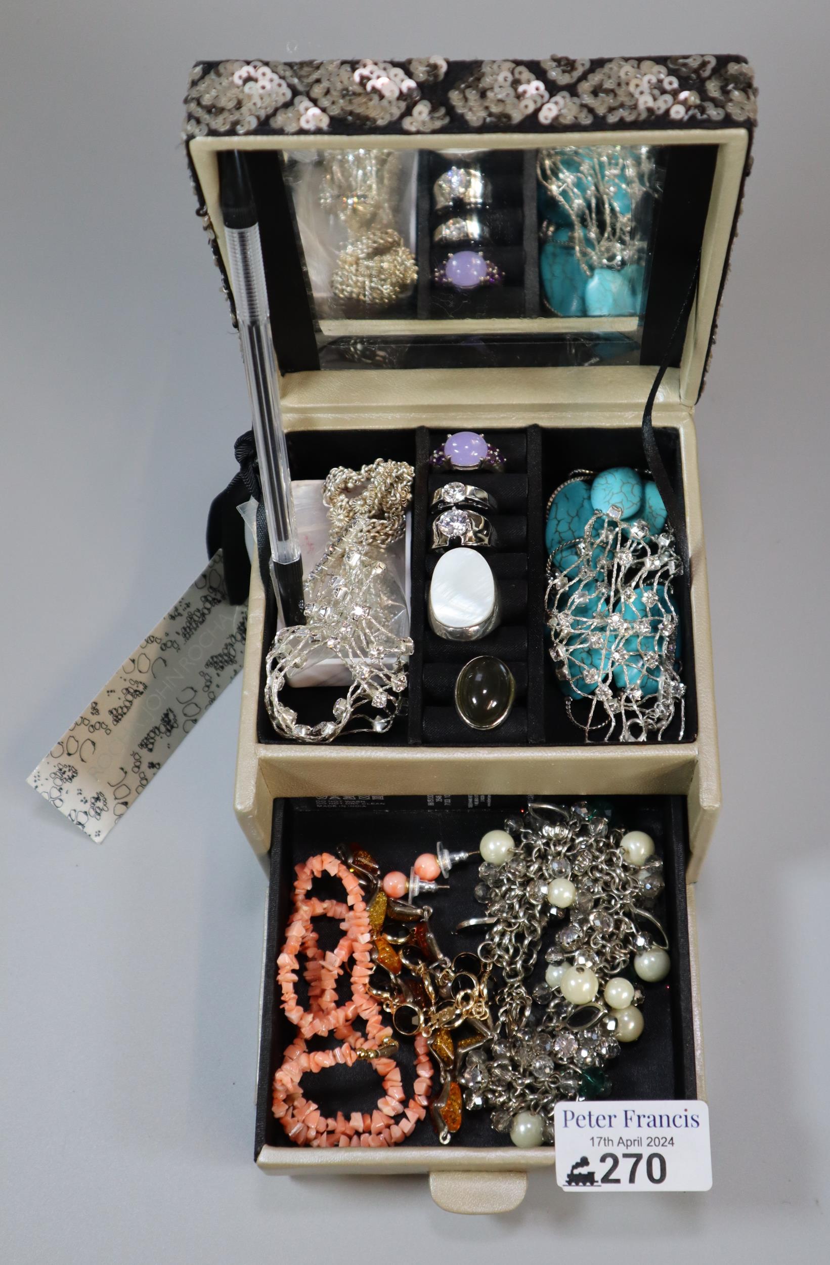 John Rocha box comprising various silver and other jewellery: dress rings, bracelets, coral necklace