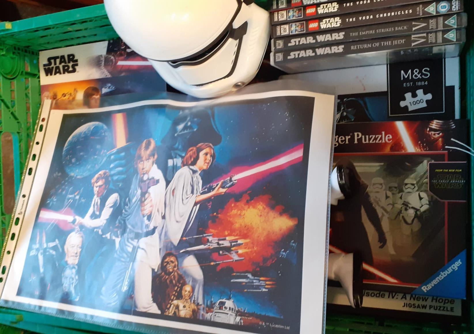 Collection of Star Wars memorabilia to include: Storm Trooper figure with gun, Storm Trooper mask,