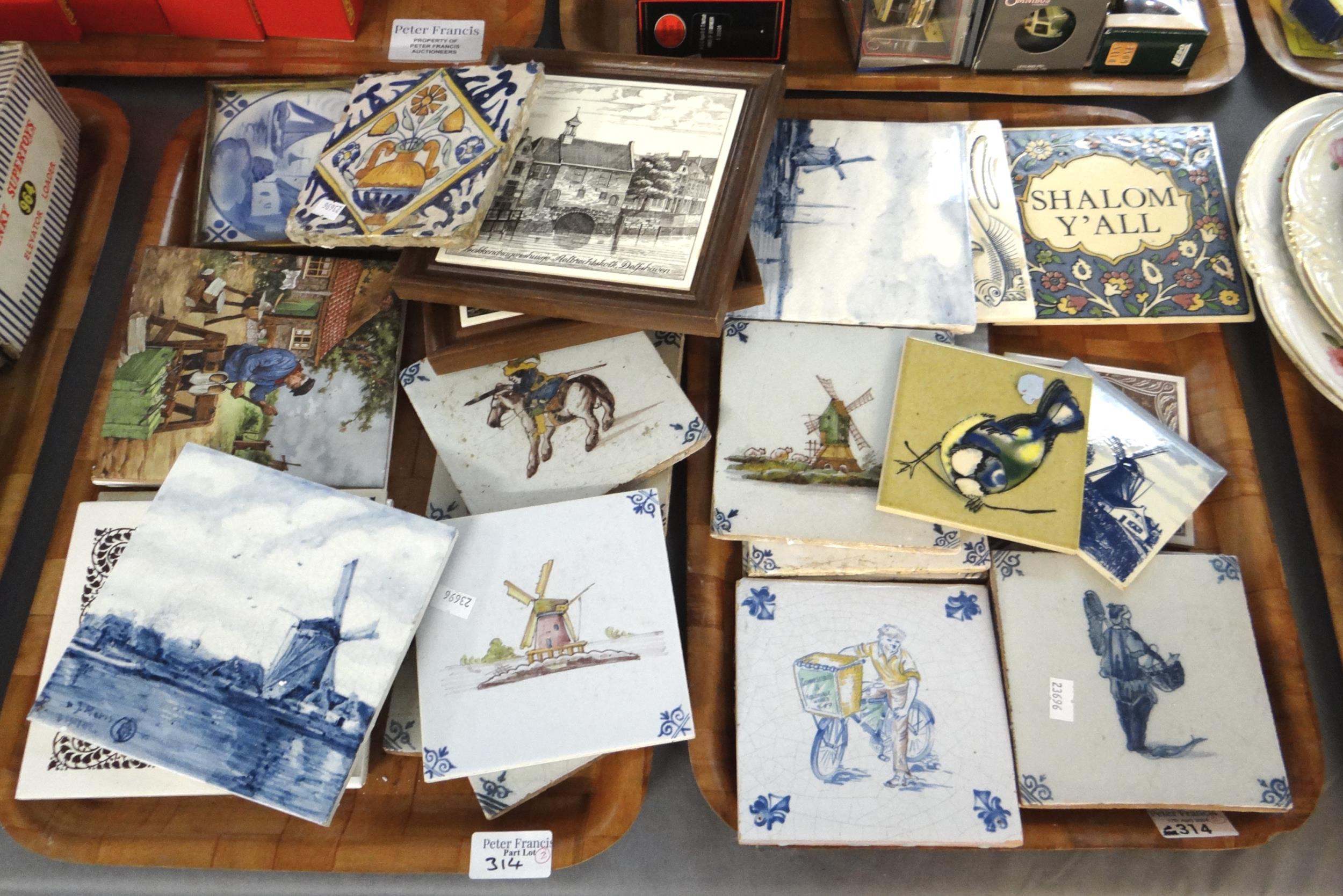 Two trays of tiles to include: framed German tiles, Dutch tiles, hand painted, H & R Johnsons Ltd