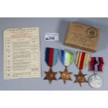 Group of 1939 - 45 War Campaign Medals awarded to F E T Hunt to include: 39-45 Star, 39-45 War