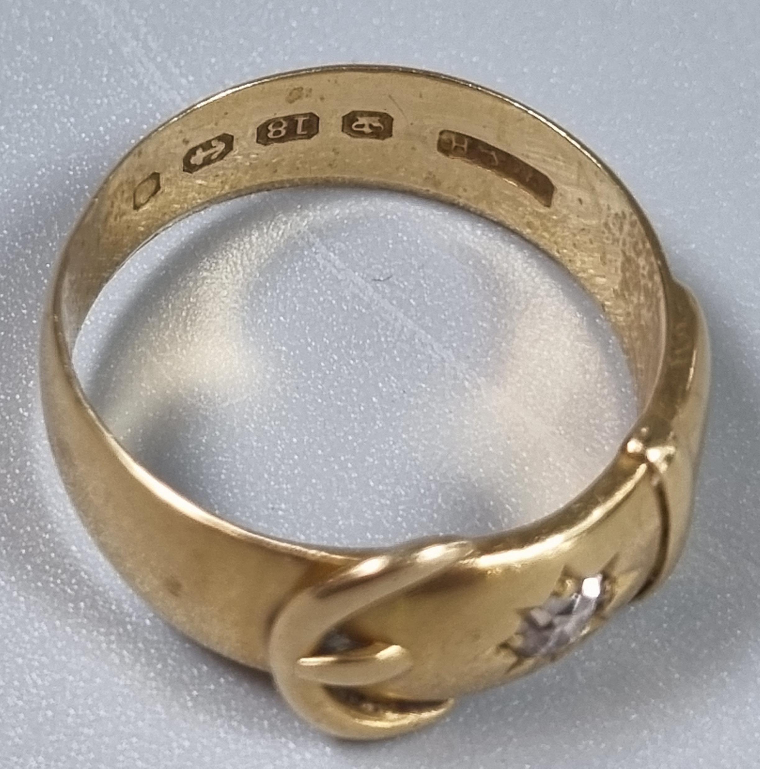 18ct gold buckle ring with inset diamond chip. 6.4g approx. Size P1/2. (B.P. 21% + VAT) - Image 2 of 3