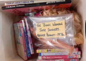 Disney Frozen box comprising The Bionic Woman Jamie Sommers Kenner Product 1976 figure, Barbie Simba