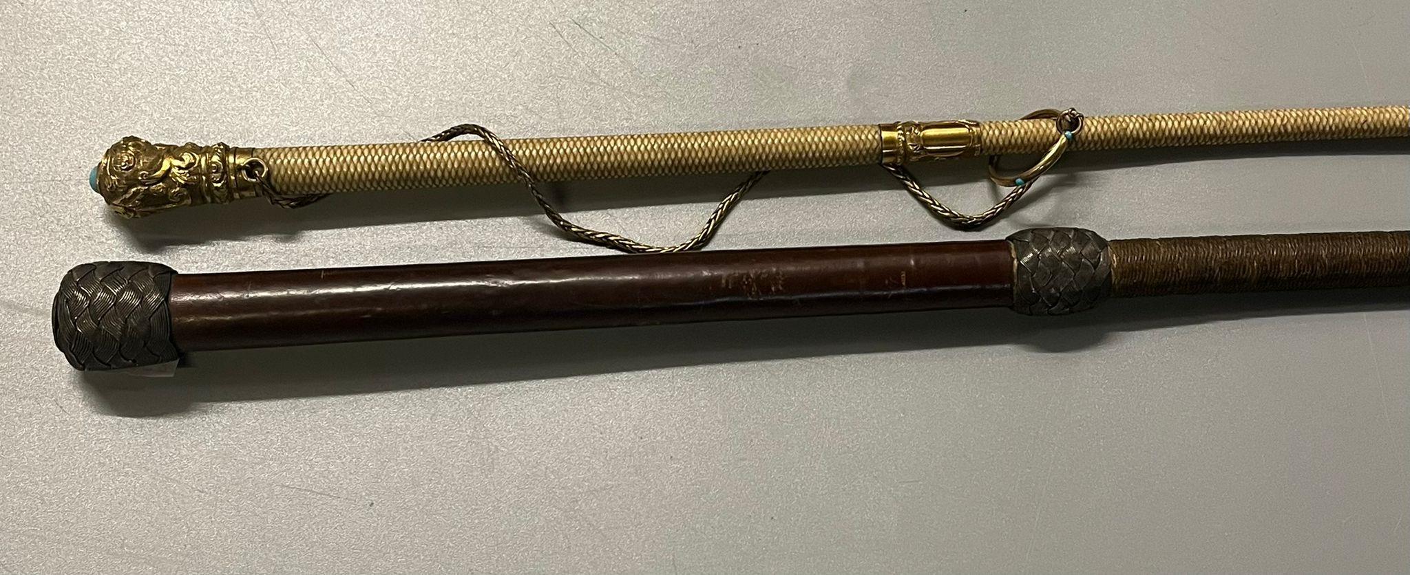 Two riding whips, one with leather handle, the other ivory coloured with gilt metal mounts and - Image 2 of 2