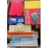 Box of assorted train related items to include: Trix Twin Railway, Many-Ways Station Sets in