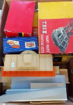Box of assorted train related items to include: Trix Twin Railway, Many-Ways Station Sets in
