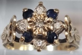 9ct gold diamond and sapphire multi-cluster ring. 3g approx. Size L1/2. (B.P. 21% + VAT)