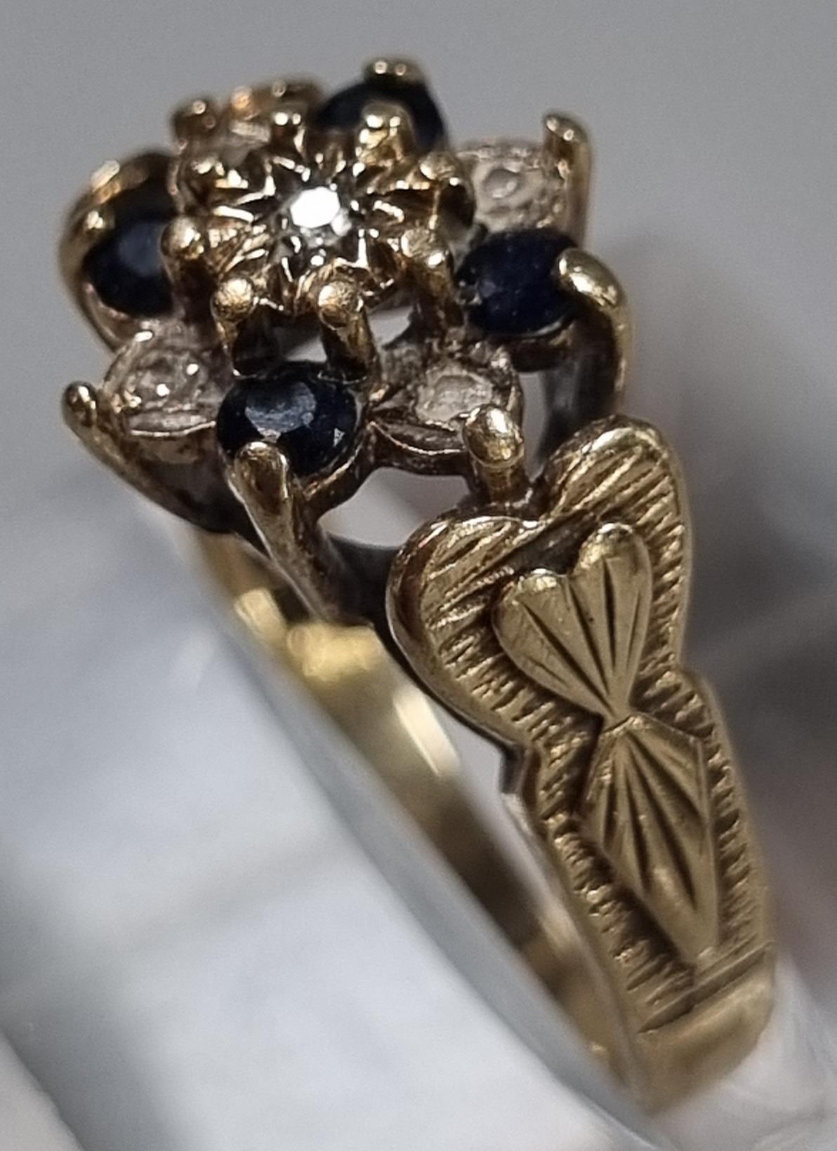 9ct gold diamond and sapphire multi-cluster ring. 3g approx. Size L1/2. (B.P. 21% + VAT) - Image 2 of 5