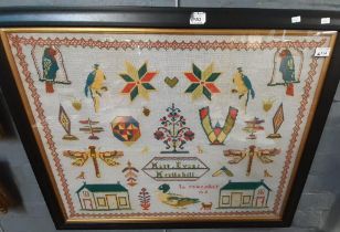 19th century needlework tapestry sampler, brightly coloured and marked Mary Evans, Myrtle Hill, '