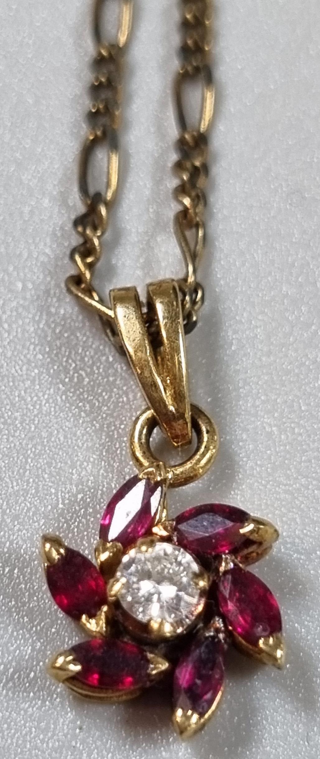 9ct gold fine link chain with diamond and ruby flowerhead pendant. 4.2g approx. (B.P. 21% + VAT) - Image 2 of 3