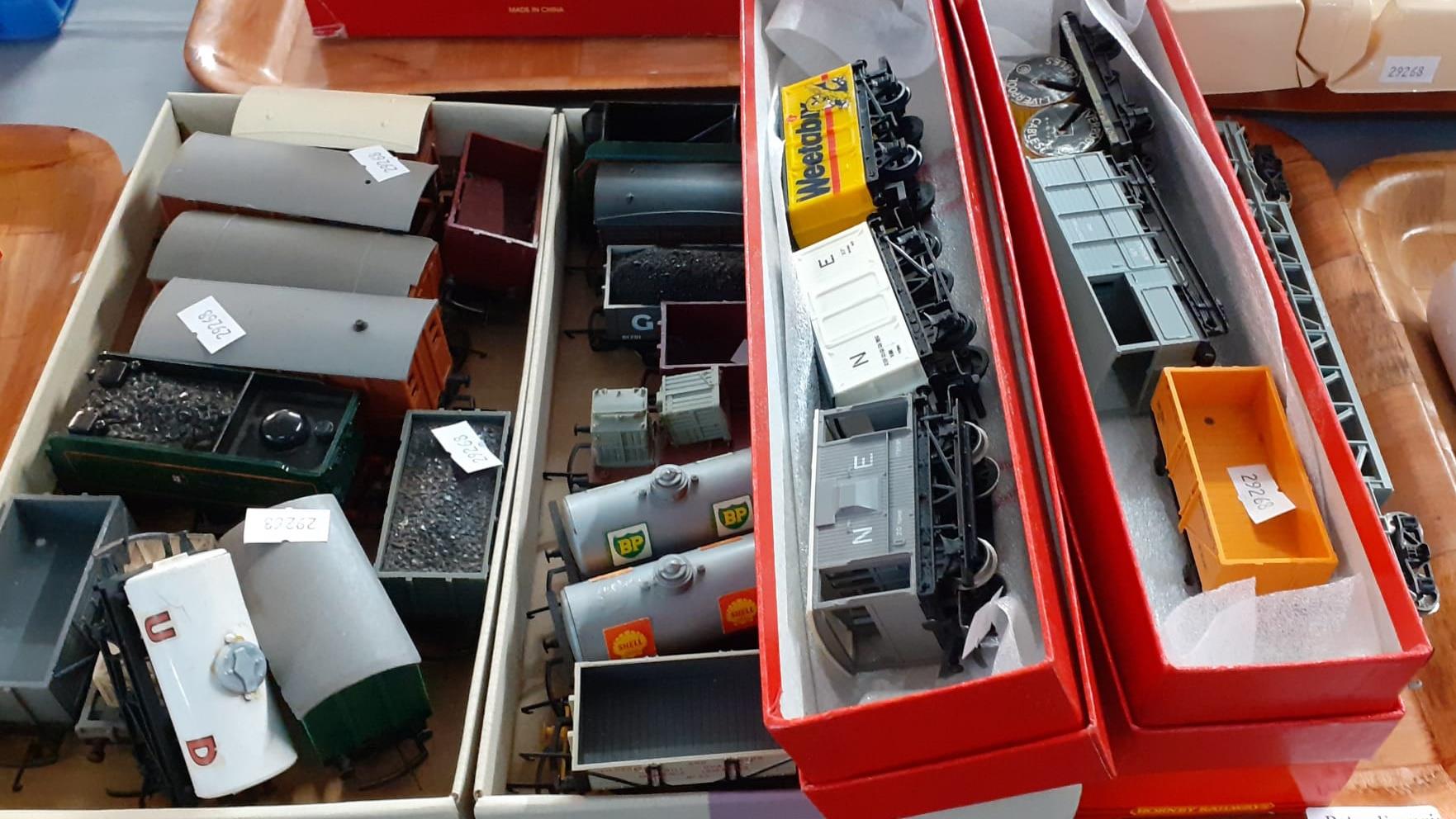 Two trays of mainly Hornby and other OO gauge items, play worn condition to include: carriages,