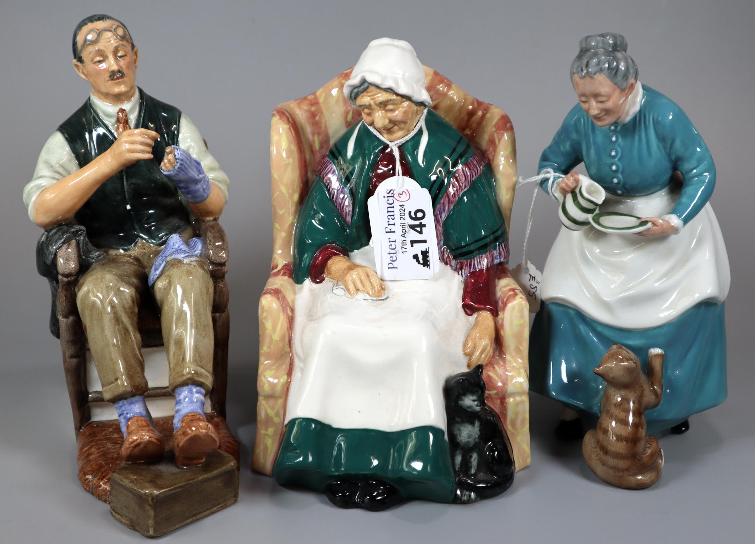 Three Royal Doulton bone china figurines to include: 'The Favourite', 'Forty Winks' and 'The
