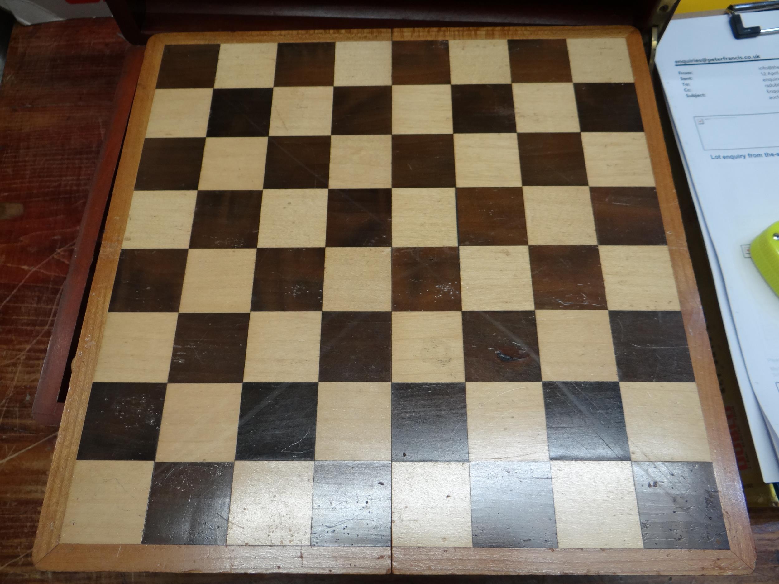 Early 20th century mahogany games compendium, the box containing various chess pieces, card boxes - Image 3 of 11