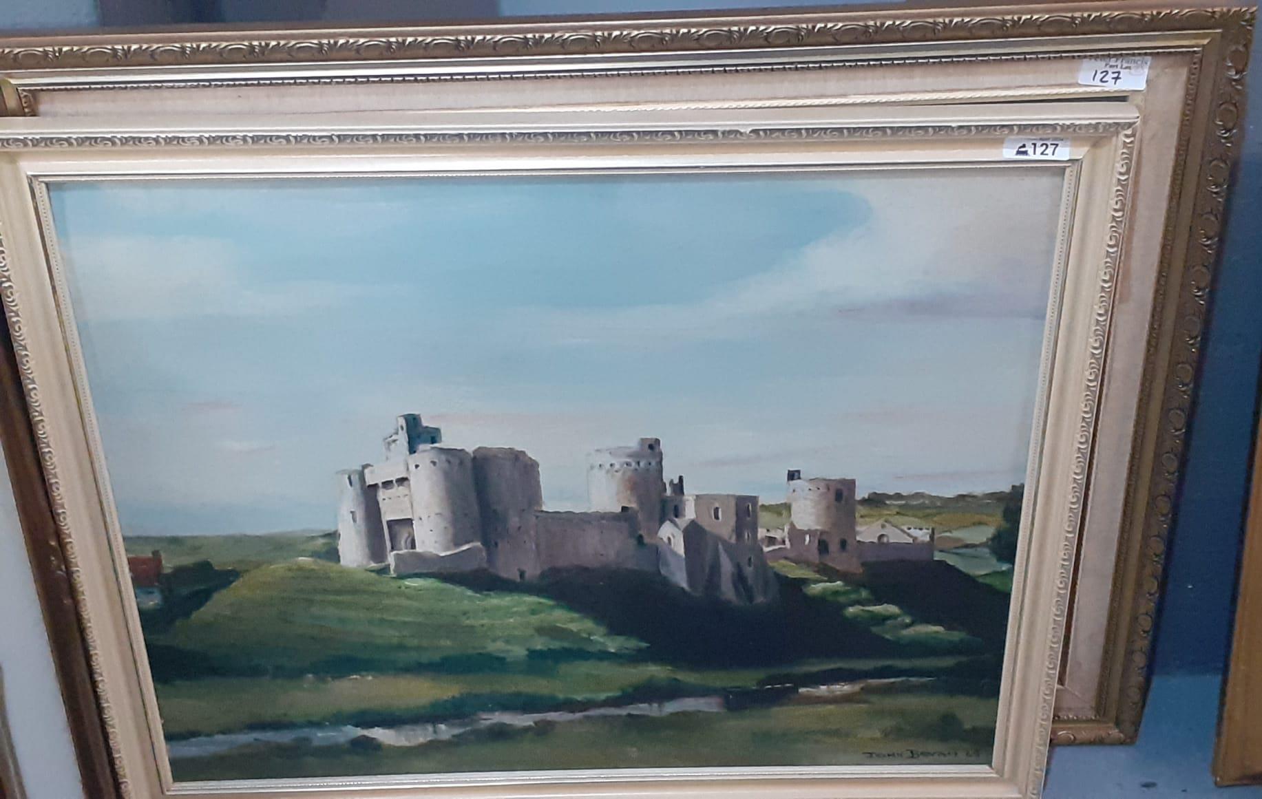 John Bevan (Welsh 20th century), 'Kidwelly Castle from the East', signed and dated 64. 50x60cm