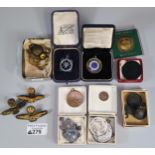Box of silver fobs and other medals, some sporting, Tenby Museum solid bronze medal/coin, RAF badges