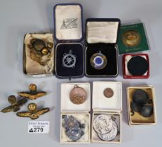 Box of silver fobs and other medals, some sporting, Tenby Museum solid bronze medal/coin, RAF badges