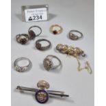 Collection of silver and other dress rings together with a silver and enamel Royal Welch Fusiliers
