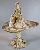 Royal Dux Trefoil Art Nouveau comport with flower-girl seated at the top on an organic design