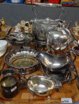 Tray of metalware, mostly silver plate to include: spirit kettle on stand, Walker & Hall egg crock