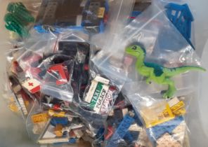 Collection of original vintage Lego to include: figures, wheels, dinosaur, police, taxi, station