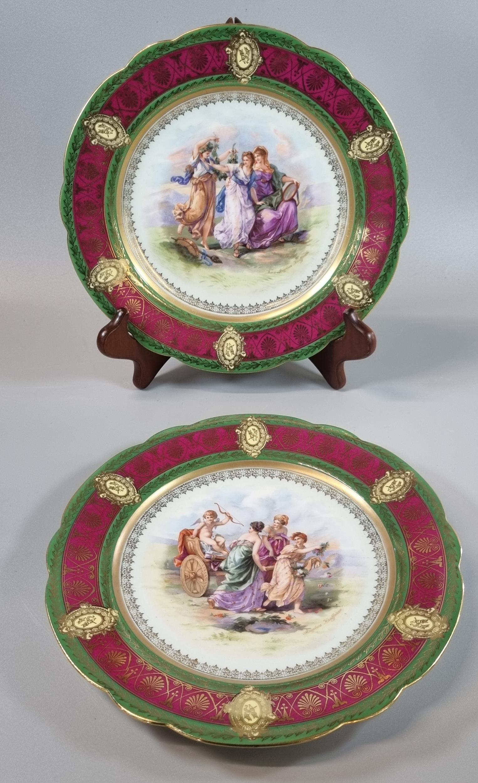 After Angelica Kauffmann, pair of continental cabinet plates, one depicting three maidens with