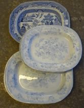 Collection of 19th Century blue and white meat plates; four 'Asiatic Pheasants' pattern and one '