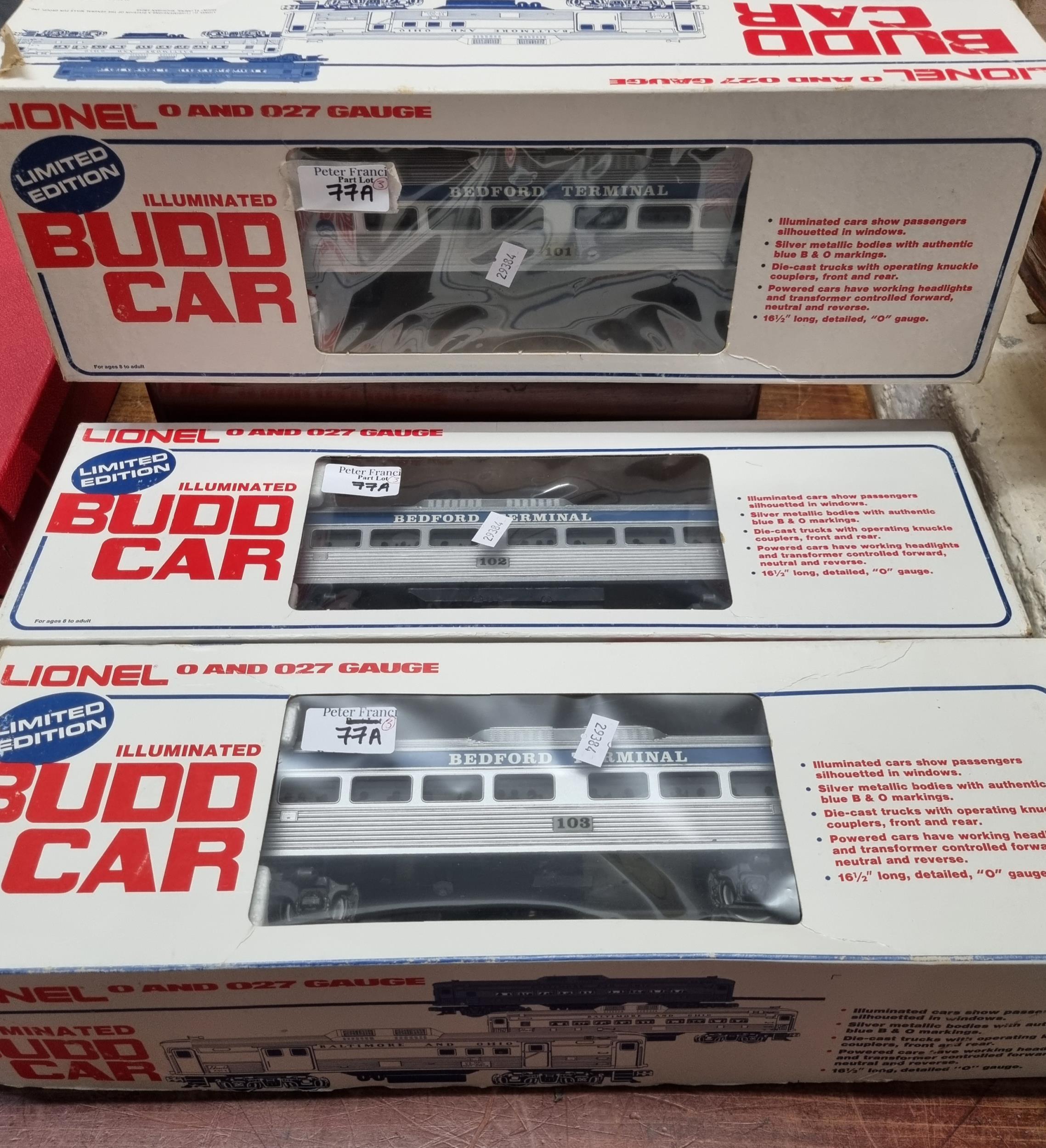 Three Lionel O and O27 gauge limited edition Illuminated Budd cars to include: Commuter Train, two