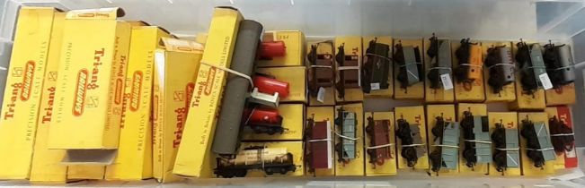 Plastic box comprising Tri-ang Railways rolling stock to include: wagons, diesel refueling units et.
